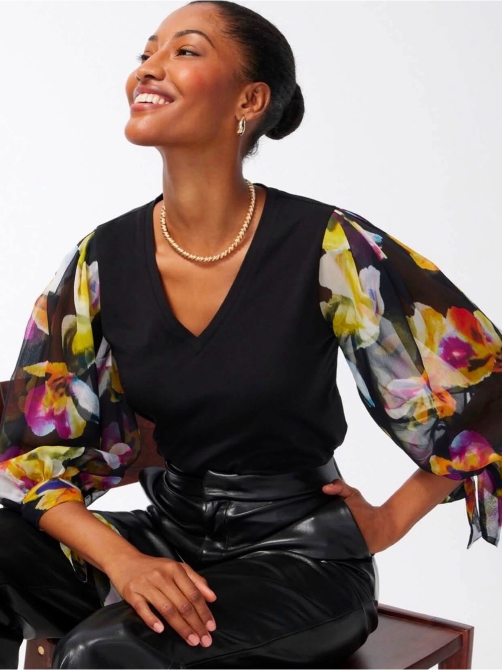 Chico's Black V-Neck Top with Multicolor Floral Sheer Balloon Sleeves